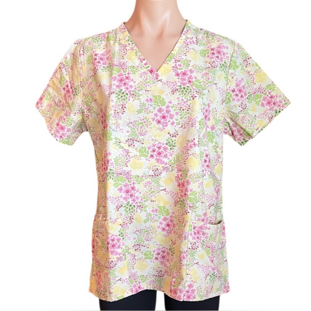 SB Scrubs Pink Green Floral Women's Scrub Top GUC